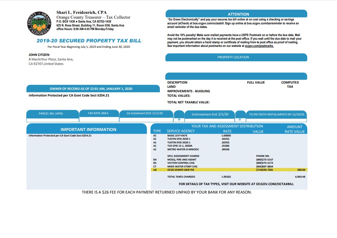 USA County of Orange California property tax bill template in Word and PDF format
